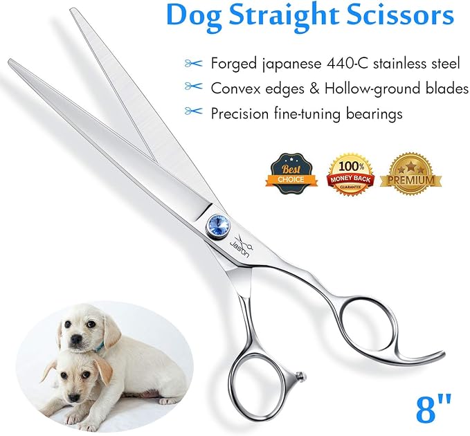 JASON Dog Grooming Scissors Shears - 8" Straight Long Pets Trimming Kit | Premium Cats Shear with Offset Handle and a Jewelled Screw, Sharp Comfortable, Gift