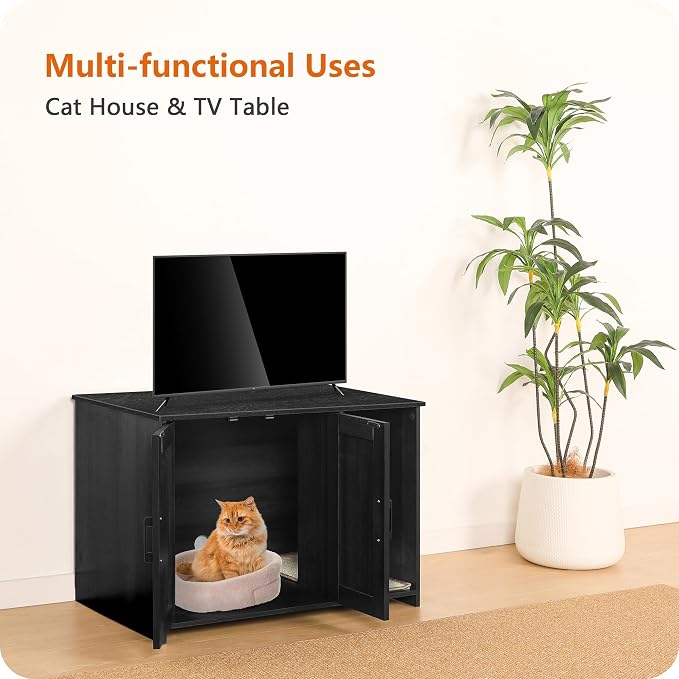 Dwanton Litter Box Enclosure, Cat Litter Box Furniture Hidden, with Scratching Mat, Wooden Cat Washroom Indoor, 31.5" L x 19.7" W x 21.7" H, Dark Gray
