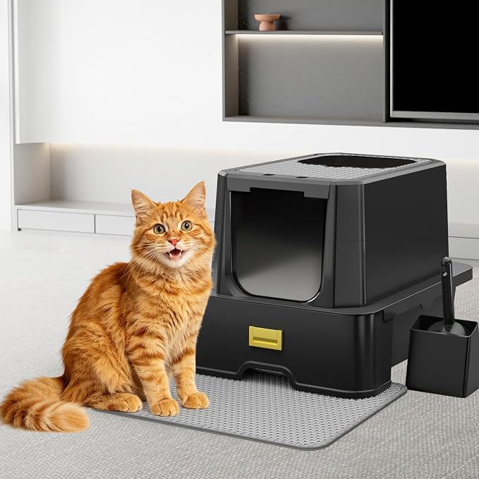 RIZZARI Enclosed Cat Litter Box: Stainless, Top Entry, Easy Clean | Built-In Deodorizer Spray / Extra Large / High Splash Sides / Top-Exit Tracking Control / Slide-Out Drawer / Apartments