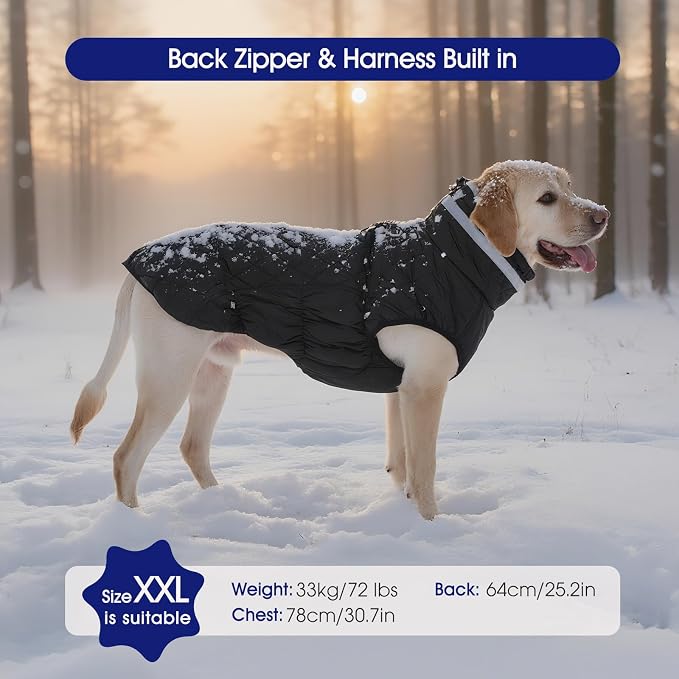 FUAMEY Dog Winter Coat Fleece Warm Large Dog Coat with Harness Built in | Dogs Cold Weather Fleece Coats Zip up Reflective Dog Winter Vest Windproof Water Resistant Snow Coats Solid Black XL