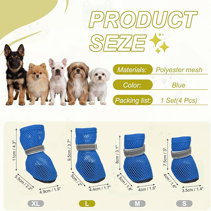 Dog Boots Paw Protector, Reflective Adjustable Non Slip Mesh Summer Breathable Dog Shoes Dog Walking Boots (L Size, Blue, 4 Pcs) Intended for Paws Waterproof for Dogs/Cat/Puppy