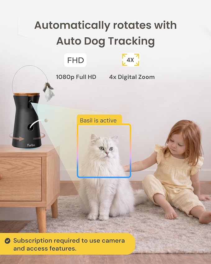 Furbo 360° Cat Camera [Paid Plan Required to Activate] | Stay connected with AI Cat & Home Safety Alerts, Auto-Tracking, Video History & 2-Way Audio. Paid Plan Required (3mo min)