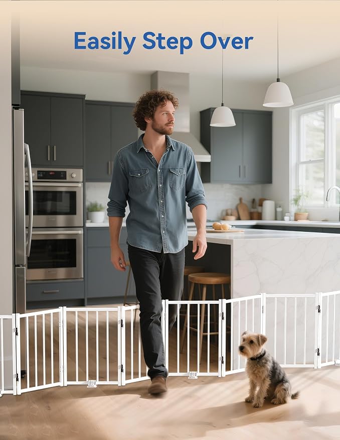 BFNN Small Dog Gate Indoor, Up to 96" W Freestanding Pet/Puppy Fence, White | Flexible Space Control | Chewproof Steel Frame | 16.5" Step-Over Gate | Foldable | Drill-Free Setup | For Stairs & Doorways