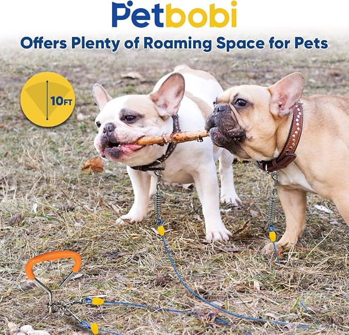 Petbobi Dog Tie Out Cable and Stake, 10ft Heavy Duty Dog Leads for Yard | 4in Shock Spring, 16in Spiral Ground Anchor, 360° No-Tangle Swivel, Chew-Proof Rustproof Wire, Up to 120 lbs, Outdoor Camping