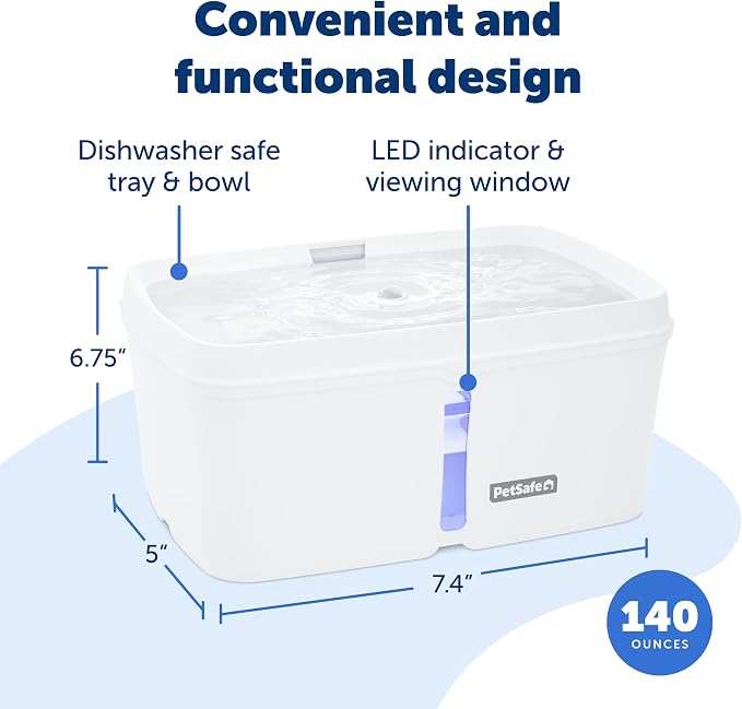 PetSafe Viva Pet Fountain, Cats & Small Dogs, Plastic Tray, 140 oz | Food-Grade Plastic, Ultra-Quiet Pump, Dishwasher Safe, Double Filtration, Filters Included