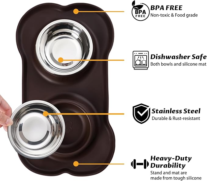 Hubulk Pet Dog Bowls 2 Stainless Steel Dog Bowl with No Spill Non-Skid Silicone Mat + Pet Food Scoop Water and Food Feeder Bowls for Feeding Small Medium Large Dogs Cats Puppies (X- Large, Chocolate)