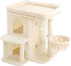 Heybly 26.3" Cat Tree for Large Cats with Big Perch & Dual Condos HCT204SM | 26.3-inch Spacious Cat Tower with Scratching Posts, Stair-Style Cat House Furniture with Cozy Basket & Pompom, Beige