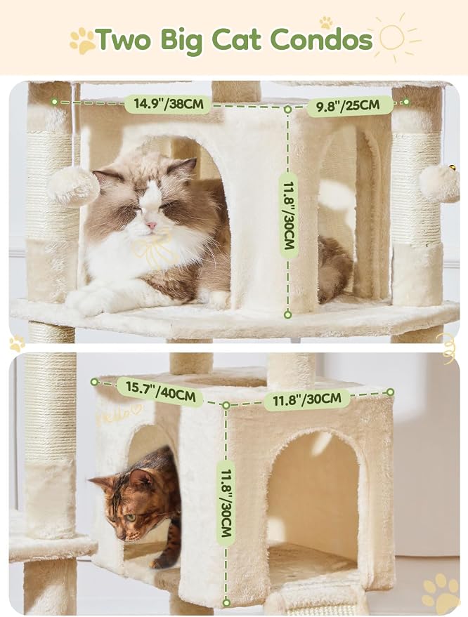 Taoqimiao Tall Cat Tree, 76In XL Cat Tower for Large Cats, 3 Padded Perches | Oversized Metal Hammock, 2 Big Condos, 1-Piece Ramp Scratcher, 7 Natural Sisal Posts, Hanging Basket, Beige, MS047M