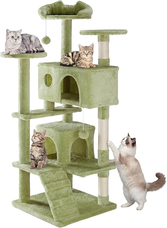 Sweetcrispy 54-inch Indoor Cat Tree Tower with Scratching Posts, Green | Multi-Level Indoor Cat Tree Condo with Climbing Ladder, Plush Toy, Play House for Kitten