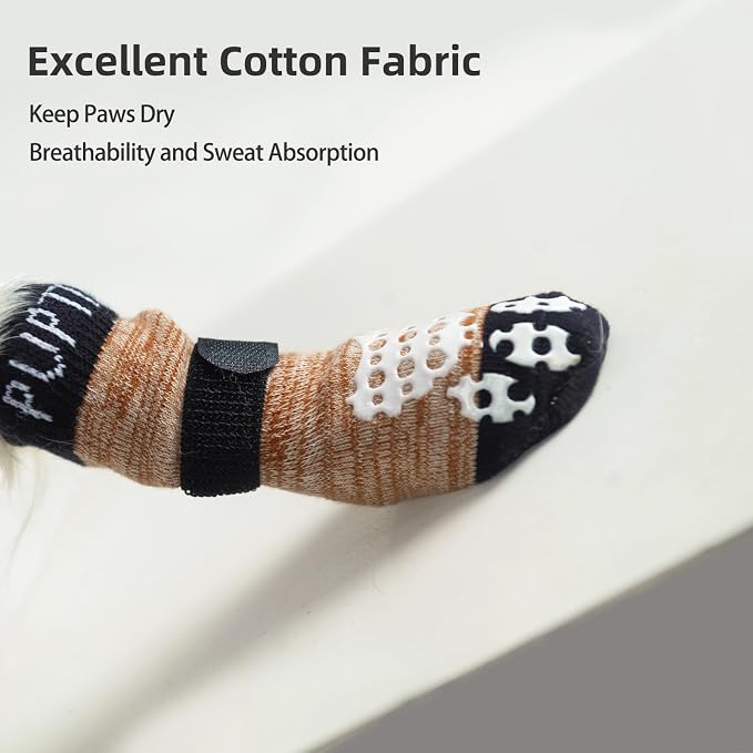 PUPTECK Anti-Slip Dog Socks with Double Sides Grips for Small Medium Large Dogs Hardwood Floors Prevents Licking, Dog Shoes for Hot Pavement Traction Control Paw Protector for Senior Dogs, Khaki S