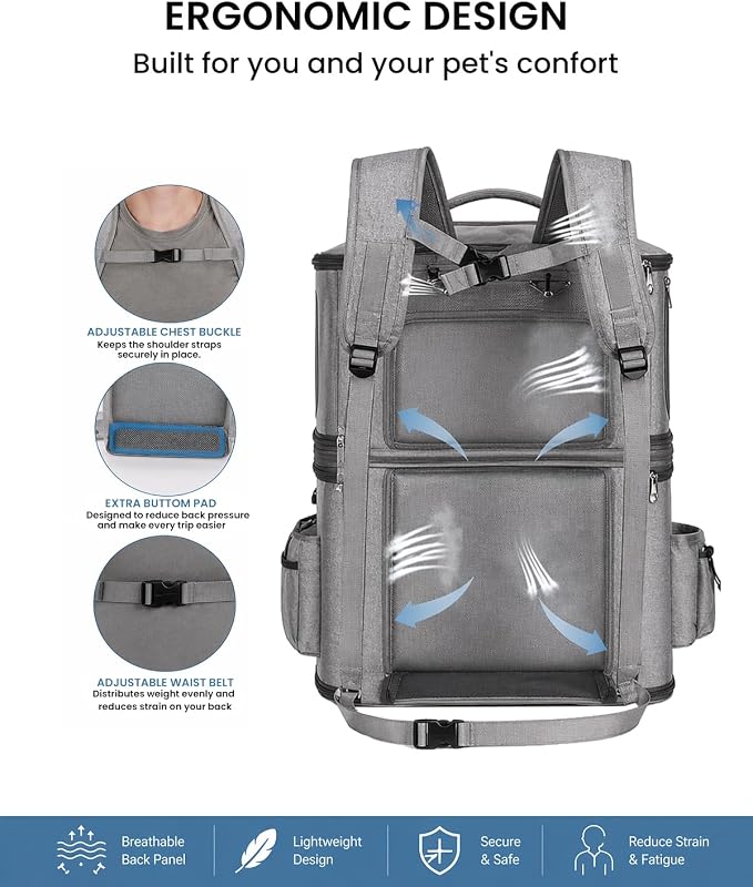 HOVONO Detachable Double Cat Backpack Carrier for 2 Pets | Pet Backpack Carrier for Small Cats & Dogs, Perfect for Traveling/Hiking /Camping/Vet Visits, up to 16 lbs Each, Grey