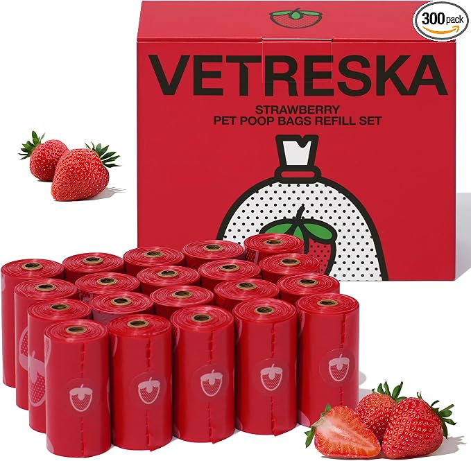 VETRESKA Strawberry Scented Dog Poop Bags, Leak Proof, 300 Counts | Extra Thick and Large Pet Waste Bags for Dogs Walking and Cat Litter, 20 Rolls