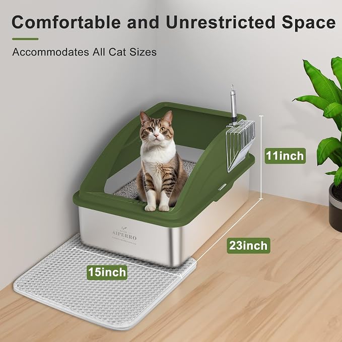 AIPERRO Stainless Steel Litter Box | XL Enclosed Cat Litter Boxes with Lid for Big Cats | High Sided, Anti-Urine Leakage | Non-Stick Bottom & Includes Litter Mat & Metal Scoop (Olive Green)