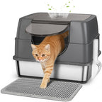 Stainless Steel Litter Box with Lid, Side Entry Large Enclosed Cat Litterbox for Kitty & Multi-Cat, Flip Cover Easy to Clean, High Sided Metal Cat Litter Pan with Scoop, Mat, Anti-Leakage, Non-Sticky
