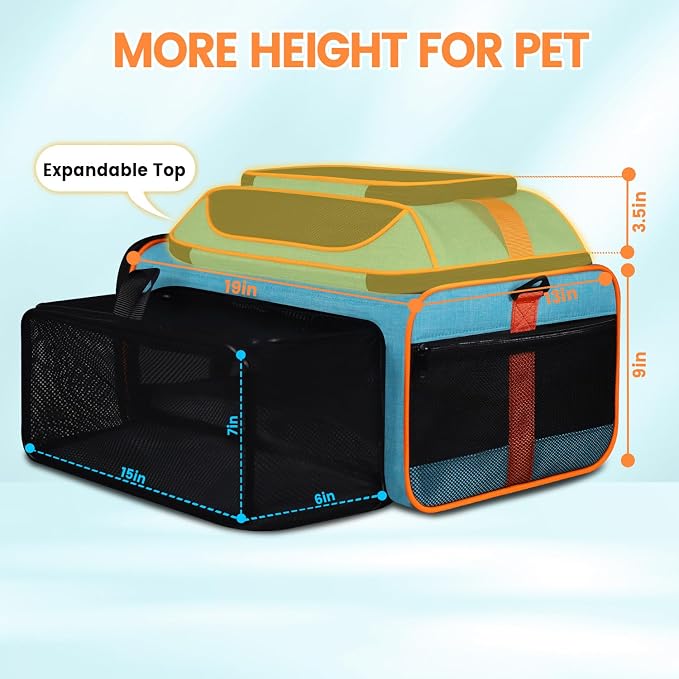 Petskd Top and Side Expandable Pet Carrier Airline Approved, Blue | 19"L x 13"W x 9"H, for Southwest Allegiant Airlines, Lockable Safety Zippers and Anti-Scratch Mesh, Pets Under 12 lbs