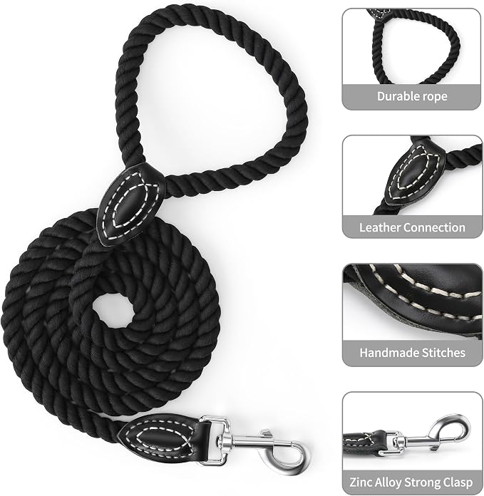 Mile High Life Dog Leash Braided Cotton Rope with Leather-Reinforced Ends | Rust-proof 360° swivel clasp, Heavy-duty for medium/large breeds. Great for weddings, daily walks (4 FT, 1/2", Black)