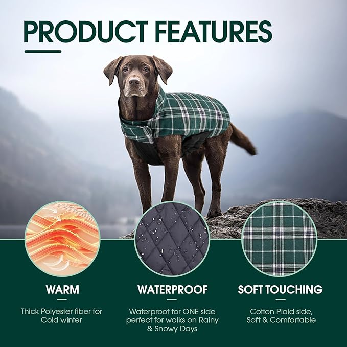 Kuoser Waterproof Dog Coat, Reversible Dog Jacket for Medium Dogs, Green M | Adjustable Durable Doggie Winter Coat Warm Puppy Cold Weather Apparel from Small to Large Breed