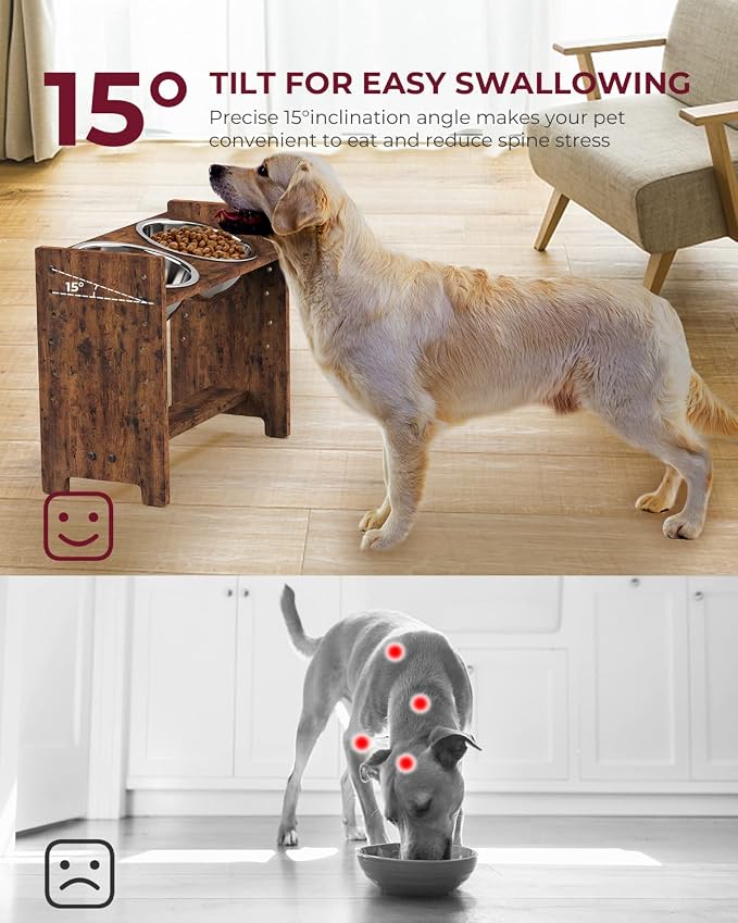 Vantic Elevated Dog Bowls, Adjustable Bowl Stand Large/XLarge, Rustic Brown | Particle Board Raised Dog Bowl Stand with 2 Stainless Steel Bowls for Large and Extra-Large Dogs