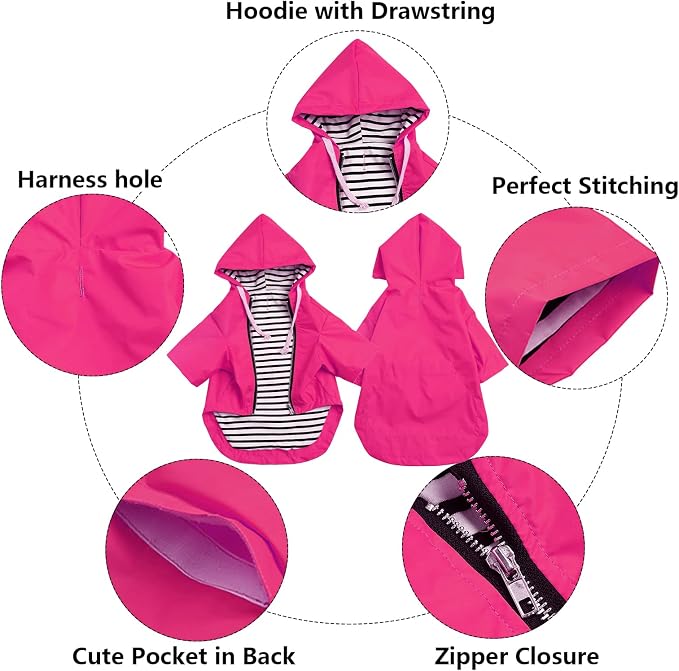 Dog Raincoat rain Jacket Raincoat Dogs Waterproof Small Medium Breeds Zip Closure Storage Pocket Harness Hole Pink M