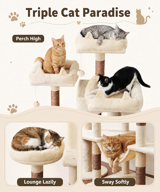 71 Inch Cat Trees for Large Cats, Heavy Duty Cat Tree Tower | Cat Condos for Indoor Cats Large Adult with Cat Scratching Post & 2 Condos, 9 Sisal Posts & Hammock, Beige