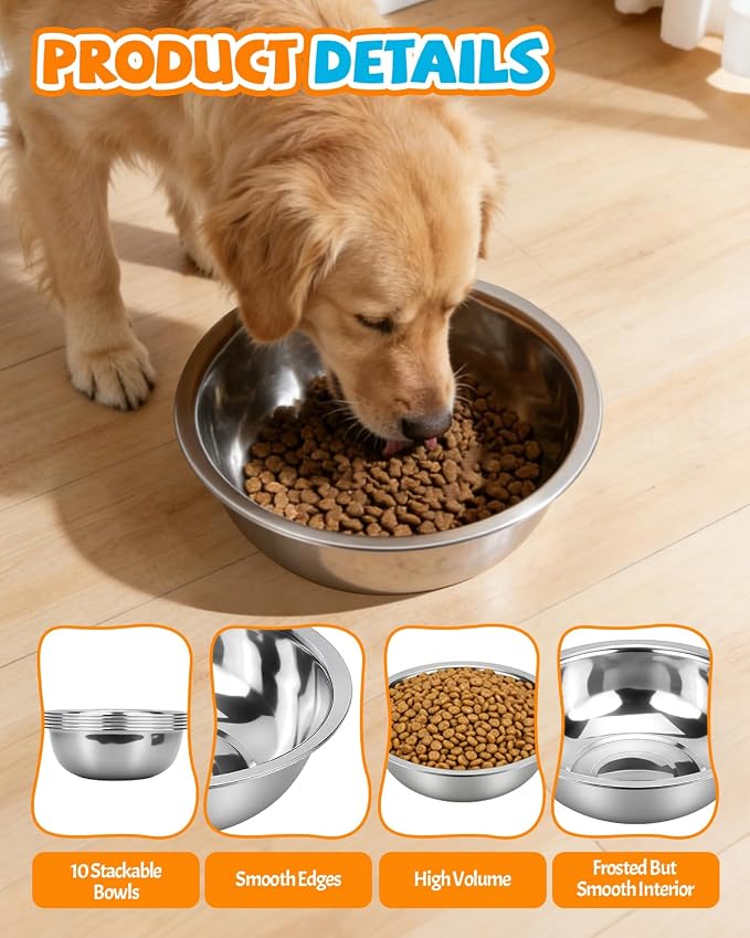 10 PCS Stainless Steel Dog Bowls - 86 Oz/10.75 Cup Large Dog Bowl Set, Metal Bowls for Food and Water, Large Pet Water Bowl or Food Bowl for Indoors or Outdoors, Dishwasher Safe