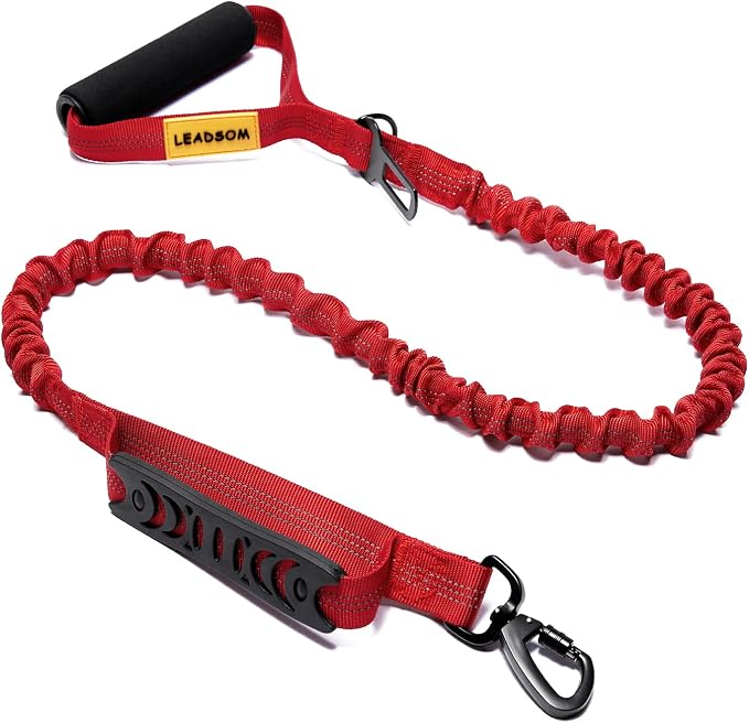 6FT Highly Reflective Heavy Duty Elastic Bungee Medium and Large Dog Leash Shock Absorbing with Comfortable Padded Handle and Traffic Handle Suitable for Training Red