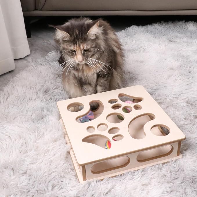 Natural Wood Cat Interactive Box Puzzle Hunting Exercise Toy