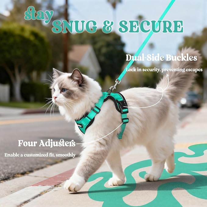 rabbitgoo Cat Harness and Leash Set, Escape Proof Vest, Emerald | Soft Breathable Mesh, Easy Adjustable Fit, Snap Buckles, Sturdy Clip, Reflective Strips, for Medium to Large Cats Walks, M