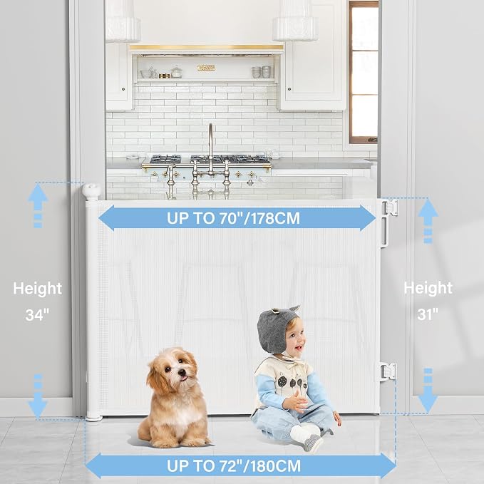 PRObebi Retractable Baby & Dog Gates | Extends to 72" Wide 34" Tall | White