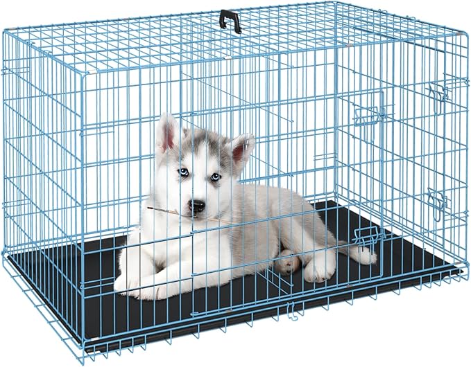 FDW Dog Crate for Small Dogs 24 Inch Folding Metal WirePet Cage Double Door W/Divider Panel Indoor Outdoor Kennel Leak-Proof Plastic Tray,Blue