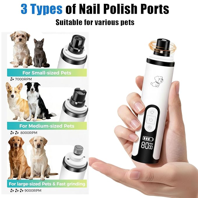 Silent Pets Nail Grinder with 2 Lights and 3 Speeds,Cordless Nail Trimmers | Rechargeable Dog Nail Trimmers,Painless Paws Grooming Pro for Small Medium Large Dogs & Cats (2 Replacement Heads)