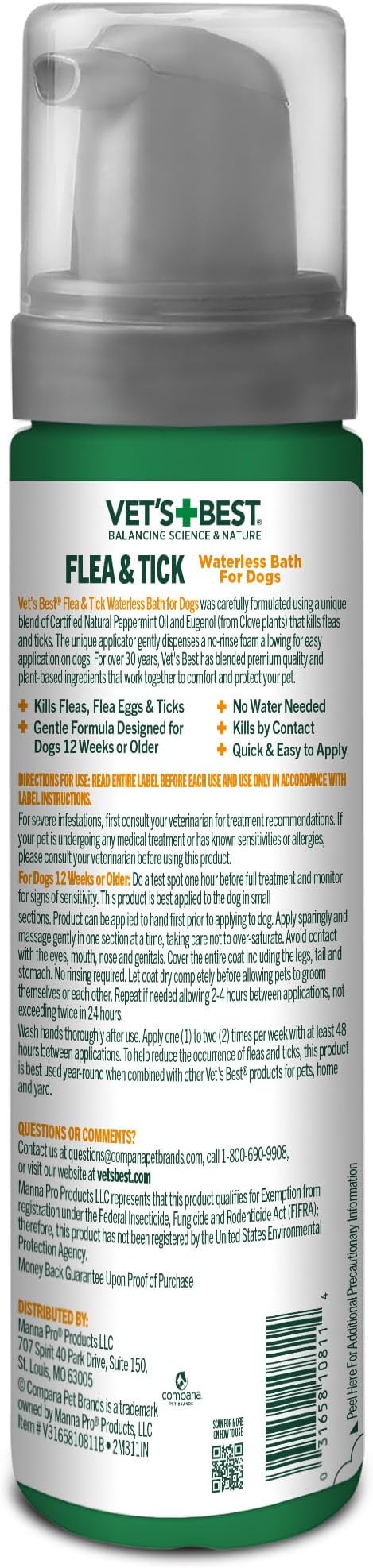 Vet's Best Waterless Flea & Tick Bath for Dogs, Plant-Based, 8 oz | No-Rinse Flea & Tick Bath, Plant-Based Formula, Essential Oils, Helps Control Fleas & Ticks, Made in USA