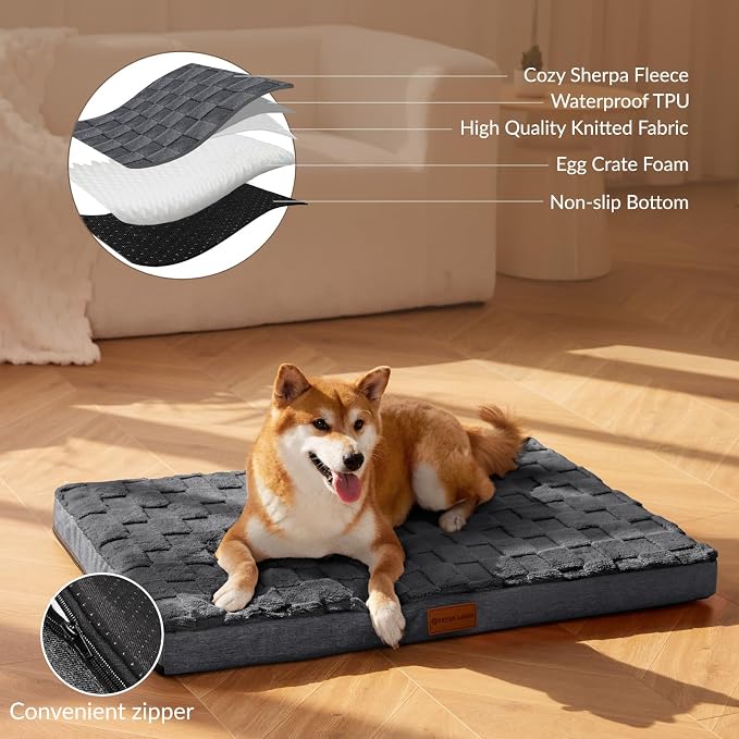 Patas Lague Orthopedic Large Dog Bed Pet Crate Mat 36''X24'' Dark Grey | Egg-Crate Foam Dog Couch For Large Sized Dogs, Waterproof Removable Cover, Soft Pet Bed With Nonskid Bottom