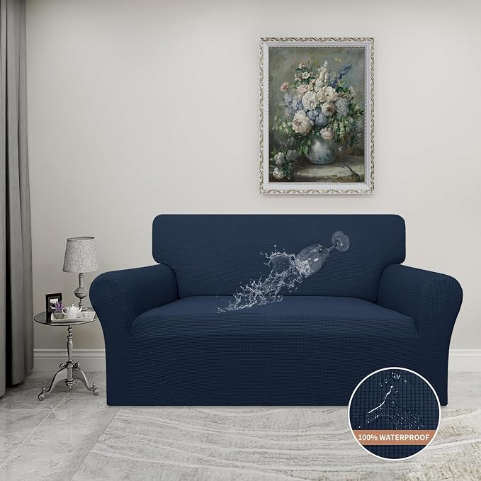 Easy-Going 100% Waterproof Oversized Loveseat Cover, Couch Cover for Sofa | Dual Waterproof Sofa Cover, Stretch Jacquard Sofa Slipcover, Leakproof Furniture Protector for Kids Pets Dog, Dark Blue