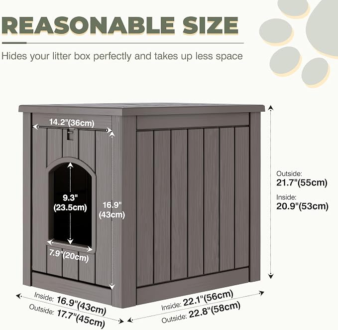 Cat Litter Box Enclosure, Enclosed Cat Litter Box Raised Floor, Openable Front Door Outdoor Cat House Weatherproof, Easy to Clean, Grey