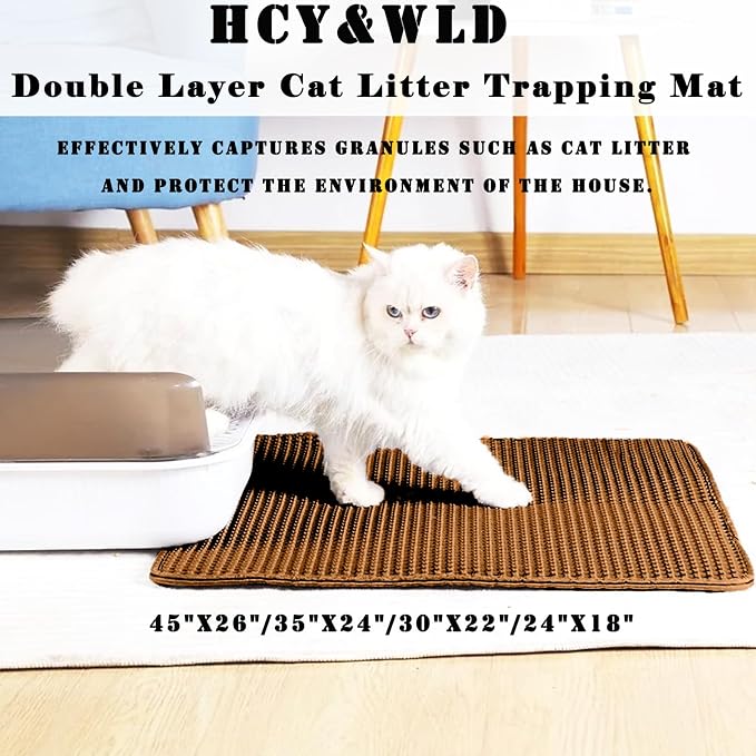 HCY&WLD Cat Litter Mat, Double Layer Cat Litter Box Mat (35x24 Inch, Brown) | Waterproof Urine-Proof Non-Slip Litter Trapping Mat, Soft on Kitty Paws, Scratch-Resistant, Scatter Control, Easy to Clean