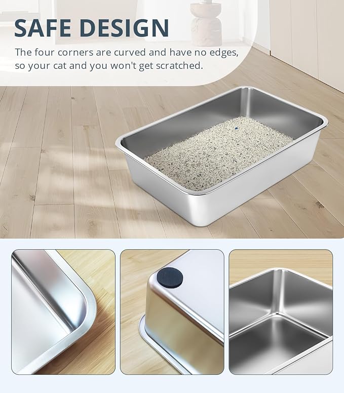 WENBOKMIN Stainless Steel Cat Litter Box - (19.5" L x 13.5" W x 4" H) | Non Slip, Easy to Clean, Never Absorbs Odor, Stains, or Rusts