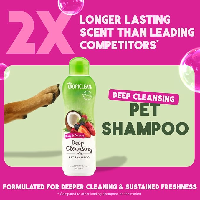 TropiClean Deodorizing Dog Shampoo for Smelly Pets, Long Lasting Odor Control, Puppy Safe, Made in the USA, Berry Scent, Cat Friendly, 20oz.