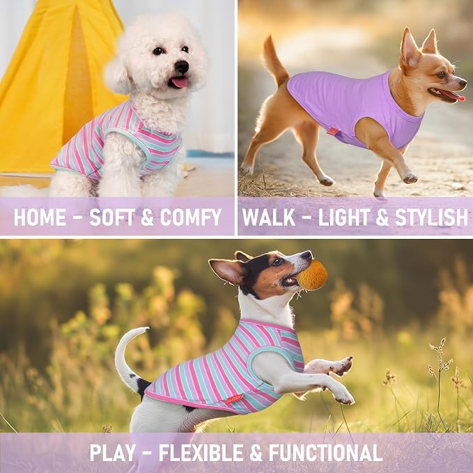 KYEESE 2Pack Dog Shirt, Soft Striped Dogs T Shirts, Lightweight Doggie Tank Top Cat Clothes, Sleeveless Dog Shirt for Small Dogs, Stretchy Pet Vest, Purple+Blue Striped, Small