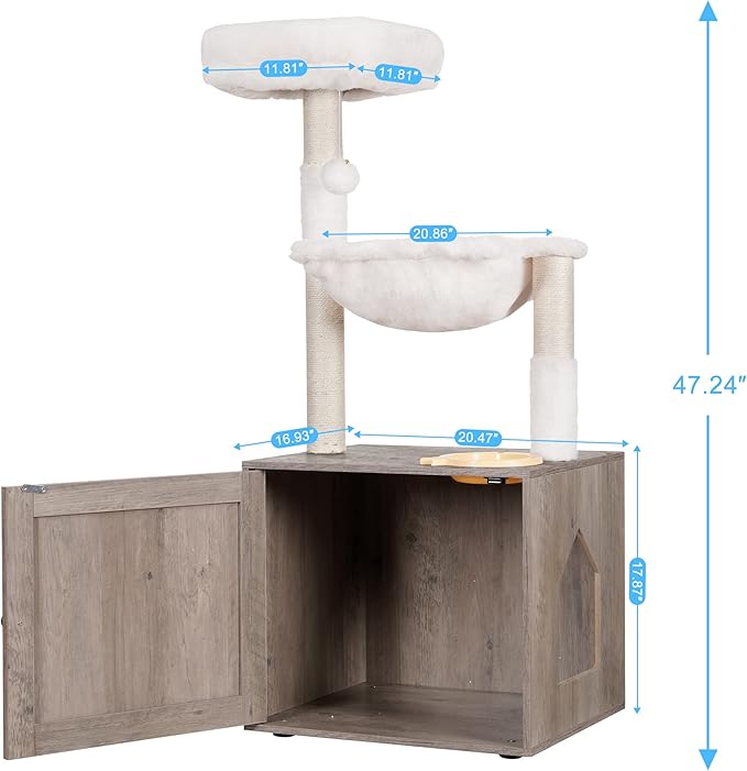 Hey-brother Cat Tree Tower, Litter Box Enclosure, Food Station, MPJ100SG | 47.24 Inches Wooden All-in-one Cat House, Large Hammock, Bed, Scratching Posts, Modern Style for Indoor Cats, Rustic Gray