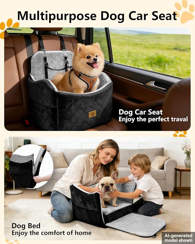 Dog Car Seat for Small/Medium Dogs Up to 35lbs, 2-in-1 Pet Car Seat with Memory Foam, Detachable Washable Dog Bed for Cars, Pet Booster Carseat with Storage Pockets Fits Front/Back Seats (Black/Grey)