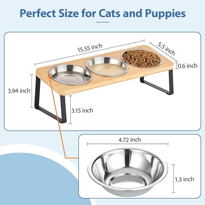 Elevated Cat Bowls, 15° Tilted Raised Cat Food and Water Bowl | Anti-Vomit & Whisker-Friendly Design, 3 Stainless Steel Bowls for Cats and Small Dogs