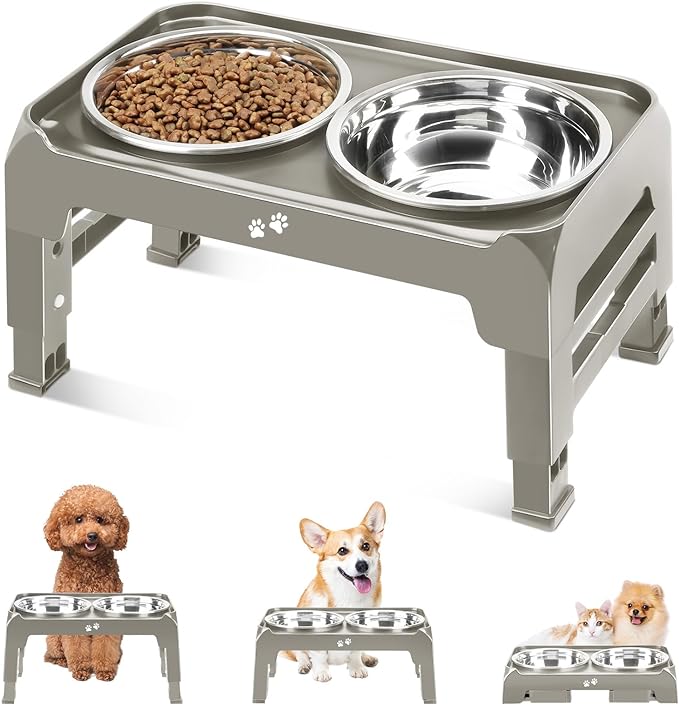 Elevated Dog Bowls for Small Dogs 3 Height Adjustable Raised Dog Bowl Stand with 25oz Stainless Steel Food Bowls Anti-Slip Small Dogs Feeder Adjusts to 7.5", 6", 2.75", Light Brownish Gray