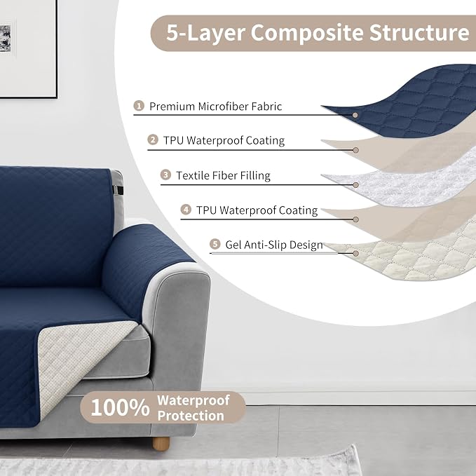 100% Waterproof Couch Cover for Dogs with Non-Slip & Side Pockets 46", Furniture Protector Sofa Covers, Washable Cushion Covers for Pets Kids Cat-Small Loveseat Navyblue