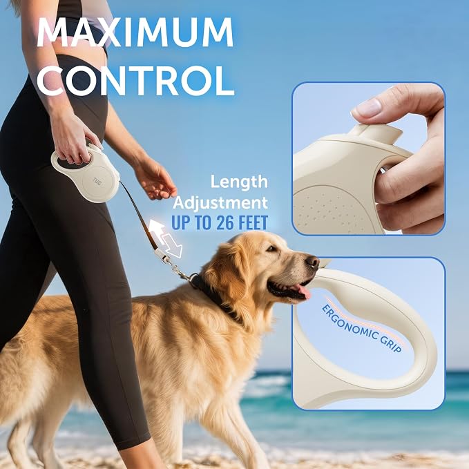 TUG Quest Retractable Dog Leash | 360° Tangle-Free | 26 ft Tape (XL, Cream) | 360° Tangle-Free Retraction, 26 ft Strong Nylon Tape