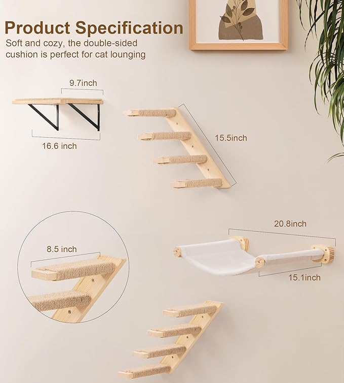 Cat Wall Hammock Set of 4, Floating Fabric Hammock, 2 Ladders, Flat Shelf | Reversible Hammock, Two Four-Step Ladders, Wall Flat Shelf, Space Saving,Wall Mounted Cat Bed Furniture, Indoor Playground