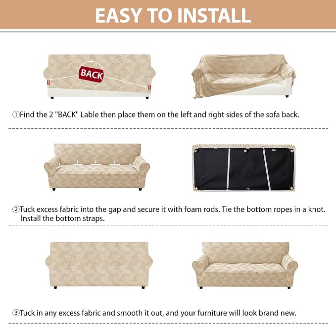ZNSAYOTX Stretch Oversized Couch Covers for 3 Cushion Couch, 1-Piece Extra Large Sofa Cover Slipcover, Furniture Protector with Elastic Bottom Geometrical Jacquard Fabric (X-Large, Khaki)