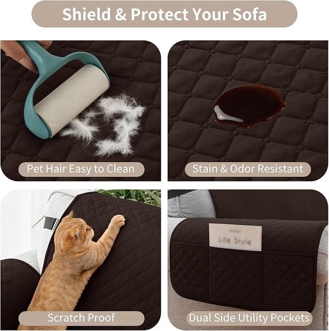 100% Waterproof Couch Cover for Dogs with Non-Slip & Side Pockets 23", Furniture Protector Sofa Covers, Washable Cushion Covers for Pets Kids Cat-Armchair Chocolate