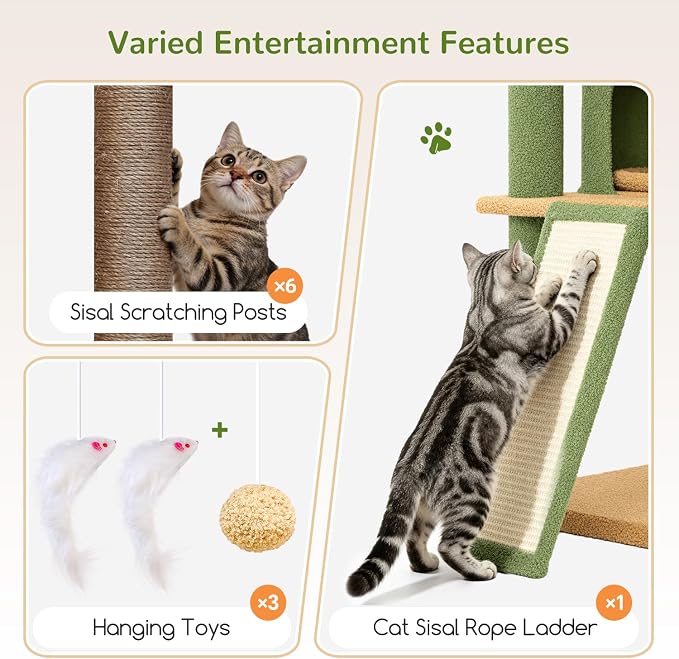 Globlazer Extra Large Cactus Cat Tree, 78 inch Sturdy Tall Cactus Cat Tree Tower for Indoor Multiple Large Adult Cats Kittens with 6 Scratching Posts, Enlarged Top Perch, 2 Padded Condos, S78G, Green