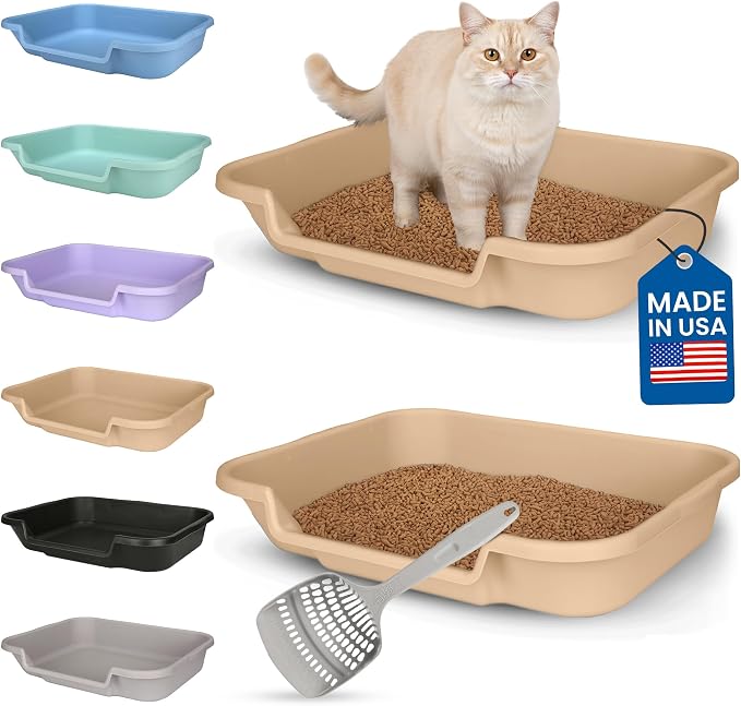 KittyGohere Senior Cat Litter Box Large with Scoop, 2 Pack Beach Sand | Open Top Low Entrance Kitty Litter Box With Long-handle Jumbo Scoop, Lightweight Low Entry Litters Box, Durable, Made in USA